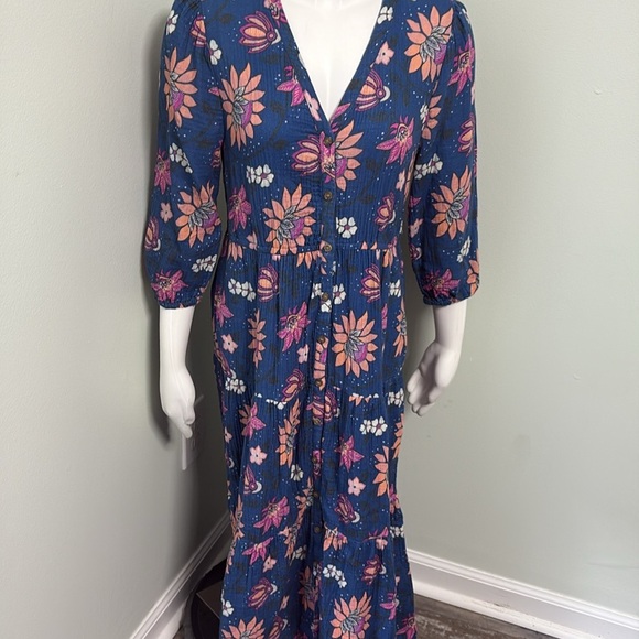 Marine Layer Willow Long Sleeve Midi Dress Batik Floral 100% Cotton Blue Small - Picture 9 of 11